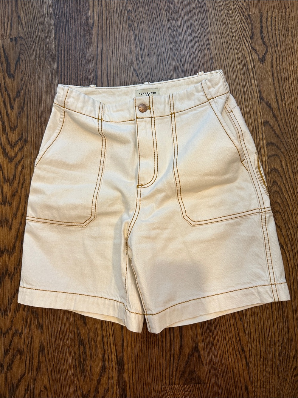 Tory Burch Off-White Contrast-Stitch Utility Shorts